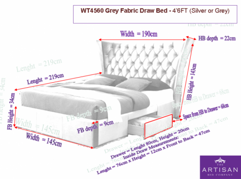 Artisan Rosewillow Light Grey Fabric 2 Drawer Bed